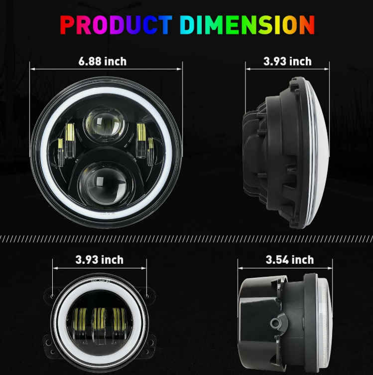 For Jeep Wrangler JK 2007-2018 7" RGB Halo LED Headlight Fog Light DRL Combo Kit
