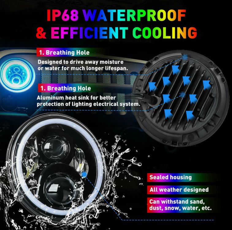 For Jeep Wrangler JK 2007-2018 7" RGB Halo LED Headlight Fog Light DRL Combo Kit