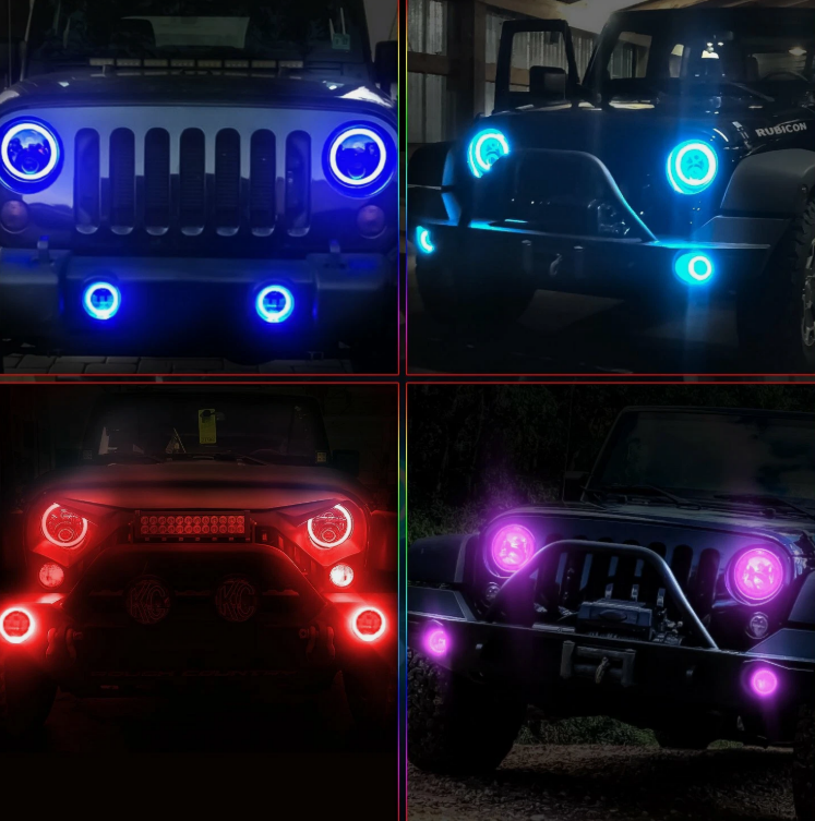 For Jeep Wrangler JK 2007-2018 7" RGB Halo LED Headlight Fog Light DRL Combo Kit